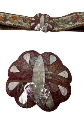 Vintage Tapestry Belt Mosaic Shell Buckle Floral Maroon Cream Grandmacore Boho